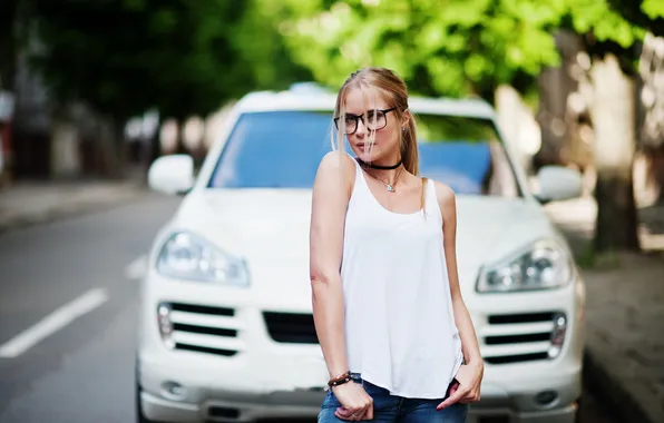 Woman, jeans, blonde, glasses, stylish, choker