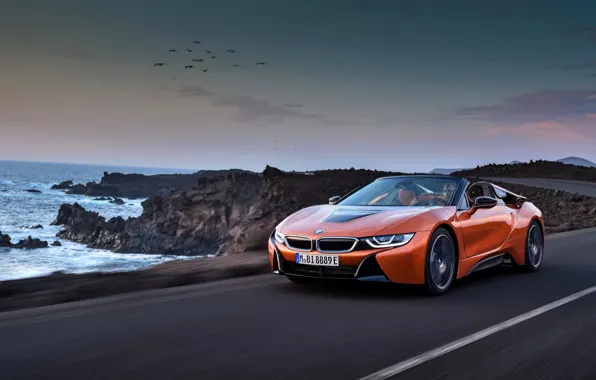 Скалы, побережье, BMW, родстер, 2018, i8, тёмно-оранжевый, i8 Roadster