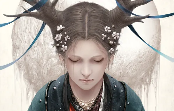 Картинка девушка, цветы, ленты, рога, бусы, bouno satoshi