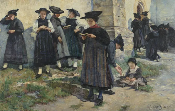Картинка 1886, oil on canvas, Swiss painter, Эрнест Билер, У церкви Сен-Жермен в Савьесе, At the …