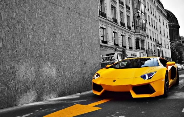 Картинка дорога, желтый, город, Lamborghini, Ламборджини, спорткар, LP700-4, Aventador