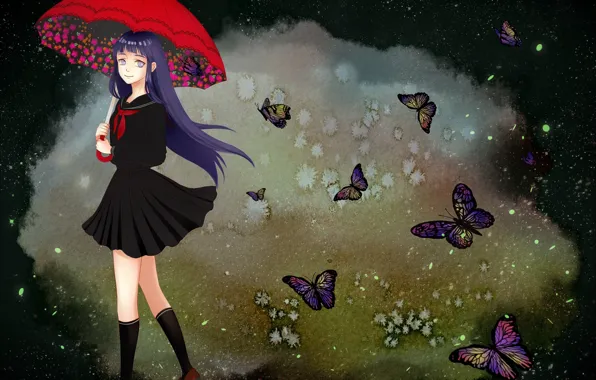 Девушка, бабочки, naruto, art, hinata hyuuga