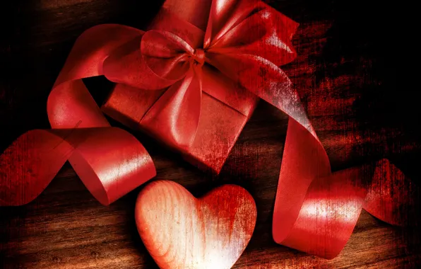 Праздник, подарок, сердце, лента, День Святого Валентина