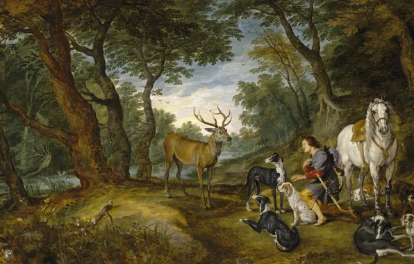 Картинка лес, собаки, лошадь, картина, олень, мифология, Ян Брейгель старший, Видение Святого Губерта