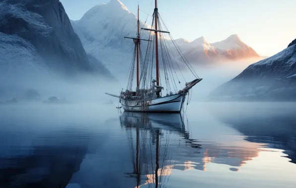 Море, горы, корабль, парусник