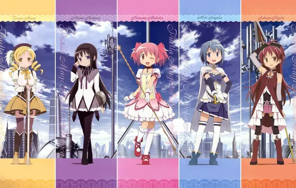 Оружие, подруги, mahou shoujo madoka magica, akemi homura, kaname madoka, miki sayaka, tomoe mami, волшебницы