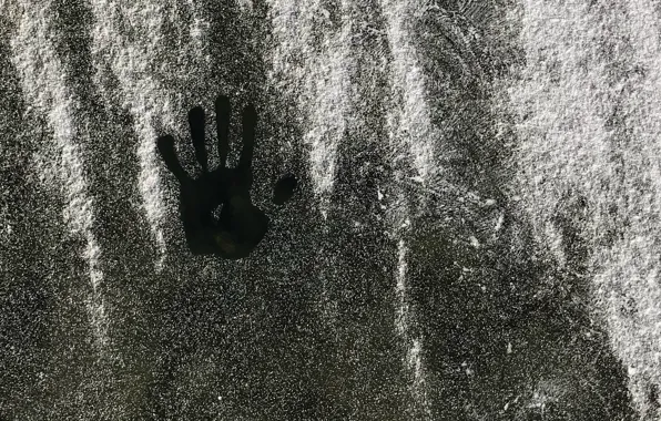 Зима, снег, озеро, след, новый год, рука, лёд, отпечаток
