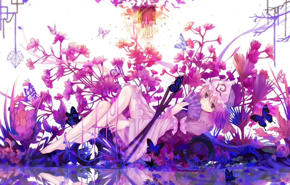 Девушка, бабочки, цветы, оружие, катана, аниме, арт, touhou