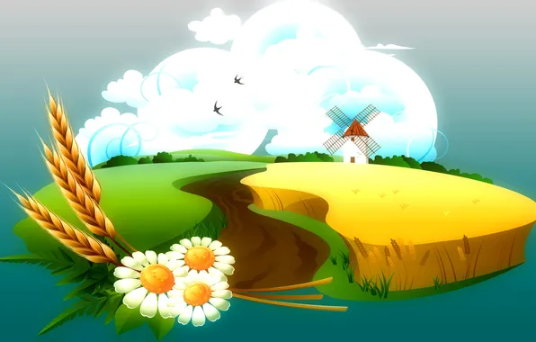 Картинка поле, небо, облака, цветы, птицы, природа, ромашки, вектор