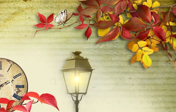 Картинка осень, листья, свет, коллаж, часы, фонарь