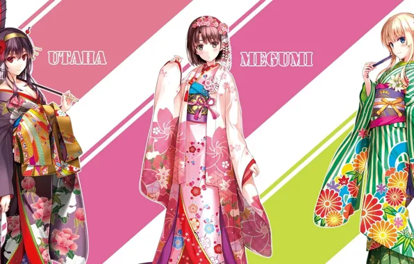 Waves, yukata, flower, pink hair, green eyes, umbrella, anime, blue eyes