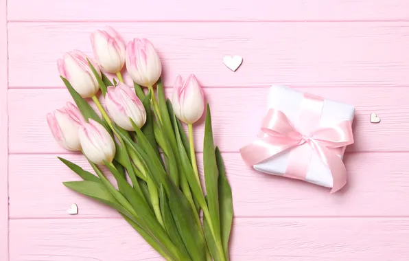 Картинка цветы, подарок, букет, тюльпаны, розовые, wood, pink, flowers