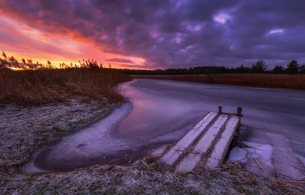 Картинка зима, небо, закат, река, Antson Elvis