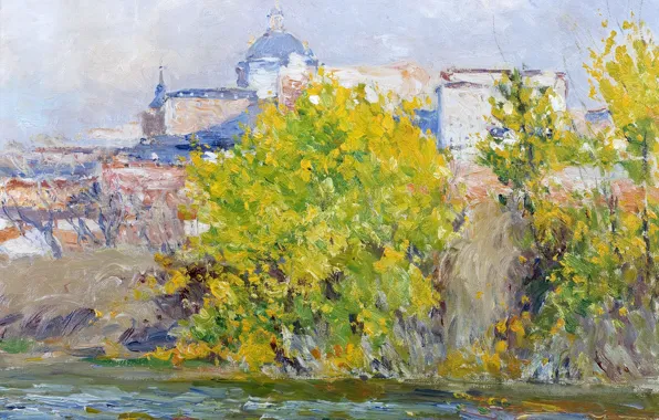 Картинка осень, деревья, пейзаж, город, дома, картина, купол, Берег Мансанарес