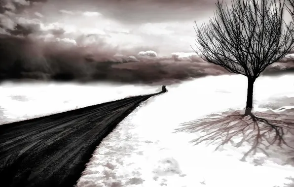 Картинка дорога, снег, дерево