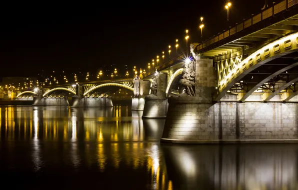 Вода, свет, ночь, город, отражение, река, Венгрия, Будапешт