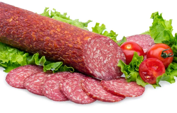 Листья, помидоры, колбаса, салат