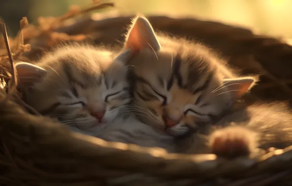 Свет, кошки, вместе, сон, котята, парочка, корзинка, спят