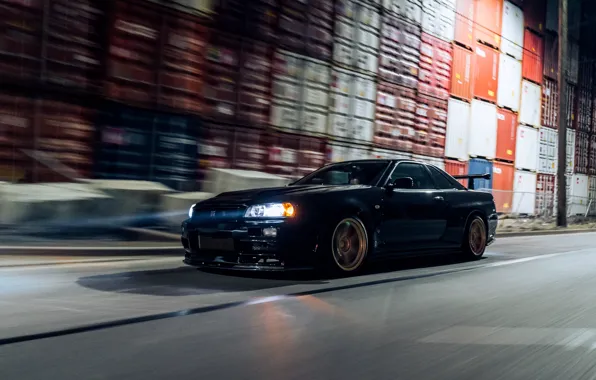 Картинка GTR, Light, Nissan, Black, Night, R34, Sight, Container