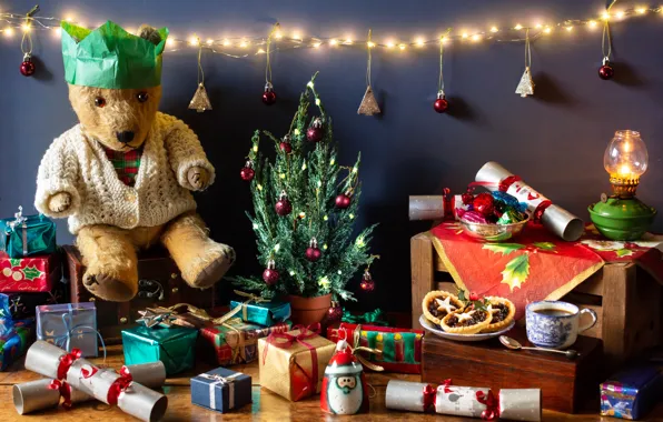 Украшения, лампа, кофе, Рождество, мишка, подарки, Новый год, медвежонок