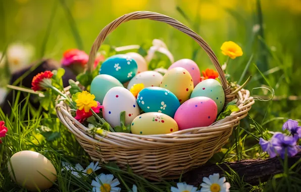 Картинка цветы, корзина, поляна, яйца, весна, colorful, Пасха, happy