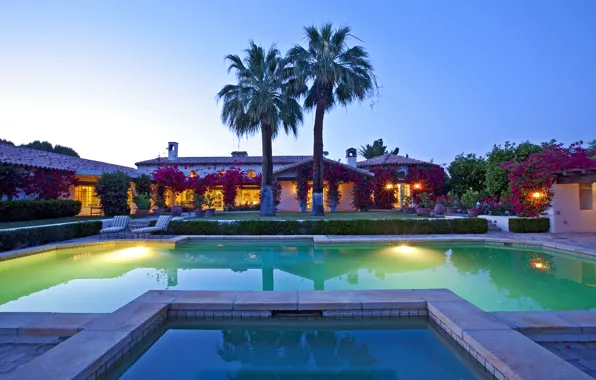 Пальмы, вечер, бассейн, ранчо, rancho Mirage