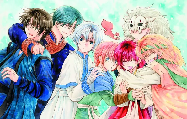 Девушка, драконы, белка, парни, друзья, Рассвет Йоны, Akatsuki no Yona, Йона