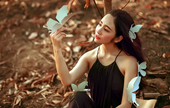 Взгляд, девушка, бабочка, азиатка