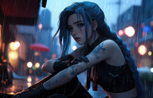 Грусть, тату, красивая девушка, синие волосы, боке, Jinx, Джинкс, аркейн