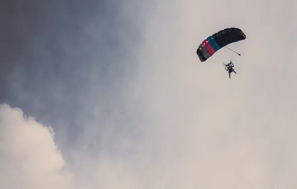 Картинка небо, облака, парашют, парашютист, прыжки с парашютом