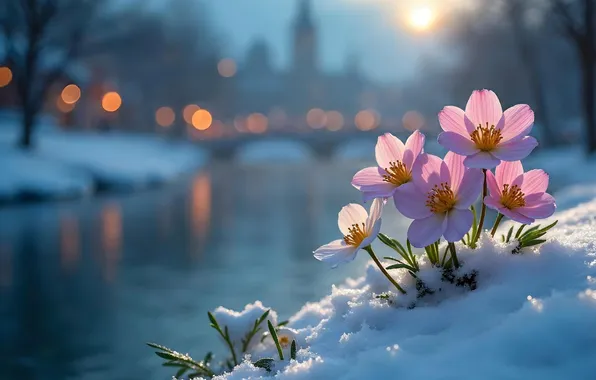 Зима, снег, цветы, весна, pink, flowers, winter, snow