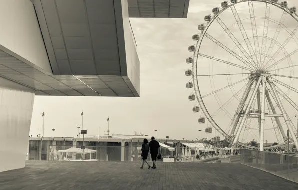 Couple, architecture, ferris wheel