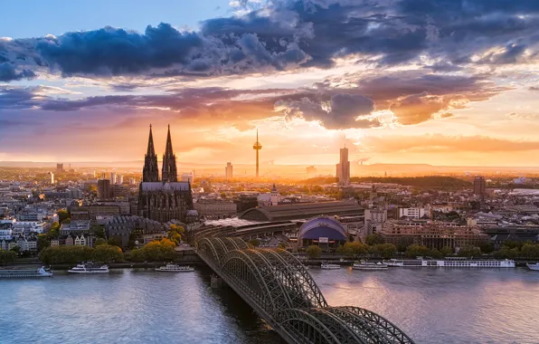 Картинка небо, облака, мост, город, река, Германия, Кёльнский собор, Кёльн