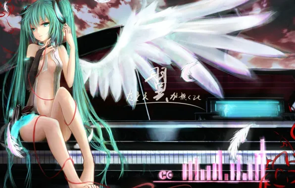 Девушка, крылья, ангел, пианино, vocaloid, hatsune miku