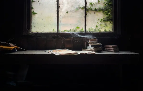 Книги, паутина, пыль, окно, натурализм