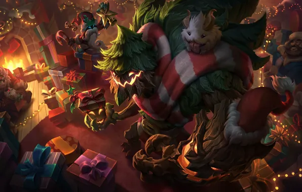Рождество, существа, подарки, Новый год, камин, League Of Legends, Maokai