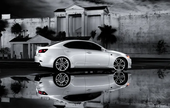 Белый, отражение, Lexus, лексус, IS 350, ч\б фото, F Sport