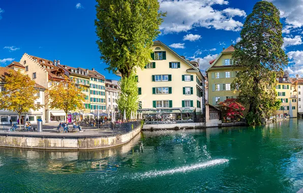 Облака, Дома, Швейцария, Панорама, Реки, Luzern