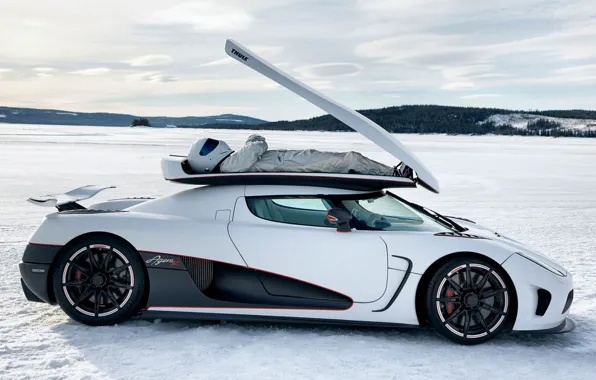 Картинка белый, небо, снег, Koenigsegg, Top Gear, суперкар, вид сбоку, The Stig