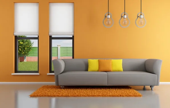 Картинка оранжевый, диван, интерьер, подушки, окно, orange, гостиная, window