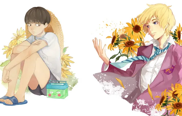 Подсолнухи, цветы, аниме, арт, парни, Mob Psycho 100, Кагеяма Шигео, Моб психо 100