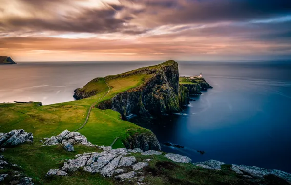 Море, пейзаж, природа, скалы, маяк, остров, Шотландия, Скай