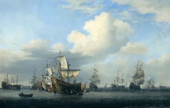 Картинка масло, картина, холст, Виллем ван де Велде Младший, Захваченные Корабли После Четырёхдневного Сражения