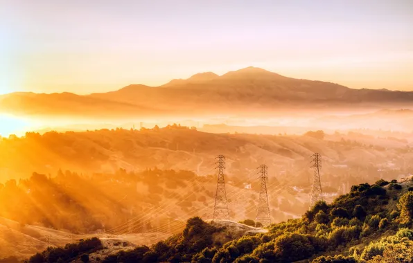 Пейзаж, горы, туман, утро