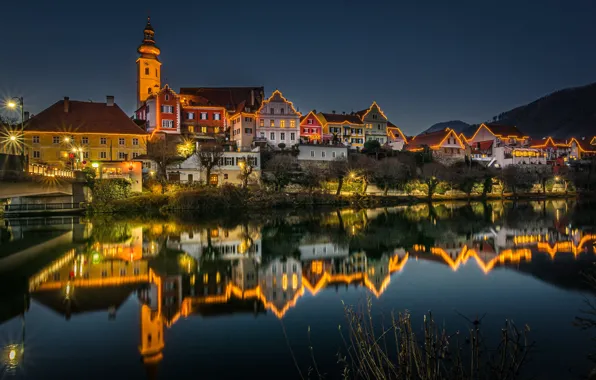 Отражение, река, здания, дома, Австрия, ночной город, иллюминация, Austria