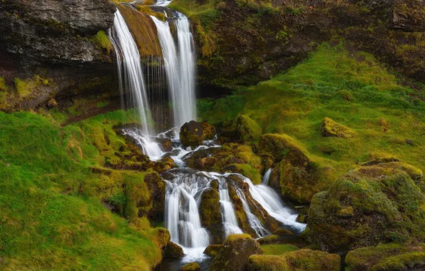 Водопад, мох, Исландия, Iceland, Grundarfjordur, Грюндарфьёрдюр