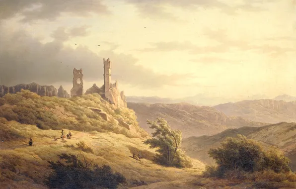 Картинка картина, Louwrens Hanedoes, Горный Пейзаж с Руинами