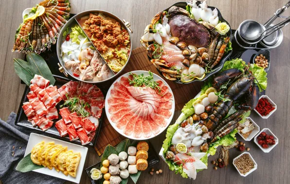 Мясо, нарезка, морепродукты, сервировка, ассорти