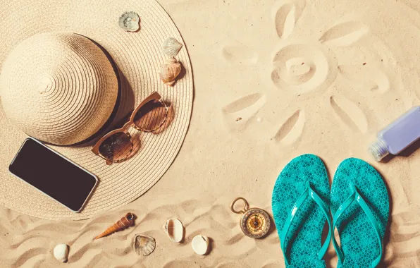 Картинка песок, море, пляж, солнце, шляпа, очки, summer, beach