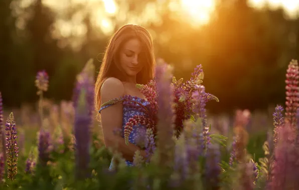 Картинка trees, field, nature, flowers, model, women, brunette, plants